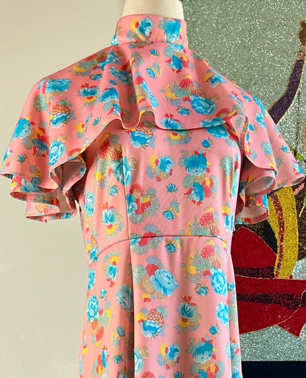 Vintage 70s Floral Cape Sleeve Maxi Dress | Pink Hostess Gown | Prairie Boho | M